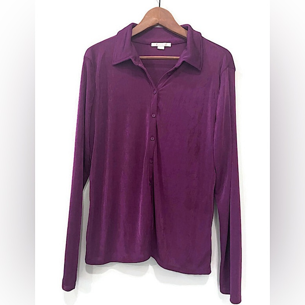 Purple Plum Silky Button-Up Dress Shirt by COOPER & ELLA Festive, Womens's XL
